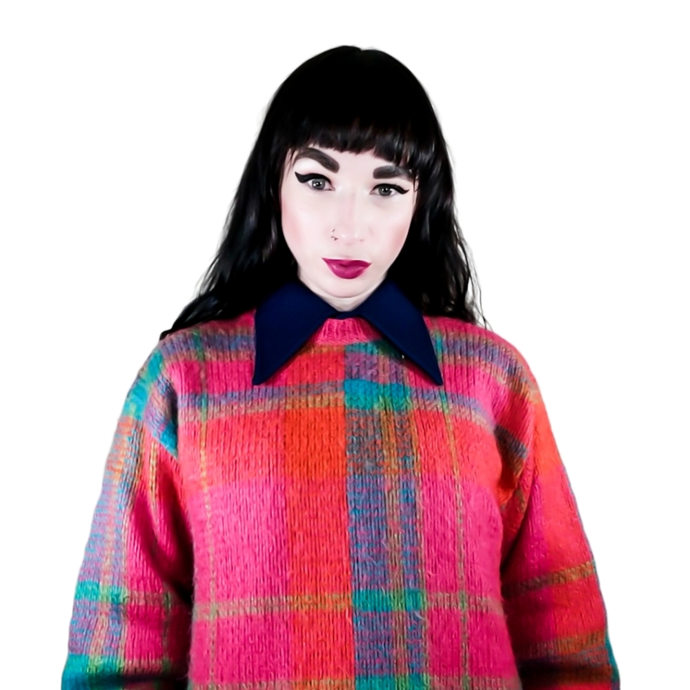 Vintage 1980s Gallagher Preppy Plaid Mohair Sweater | 80s Pullover Pink Sweater